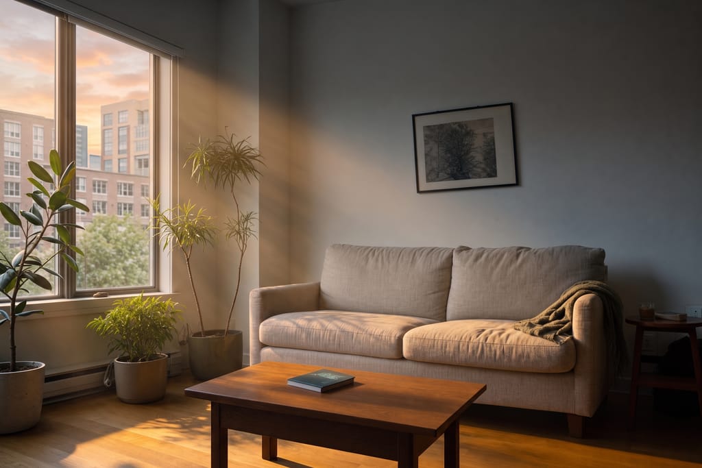 A small apartment living room at Dawn, low warm light entering from the window, long soft shadows across a wood floor.